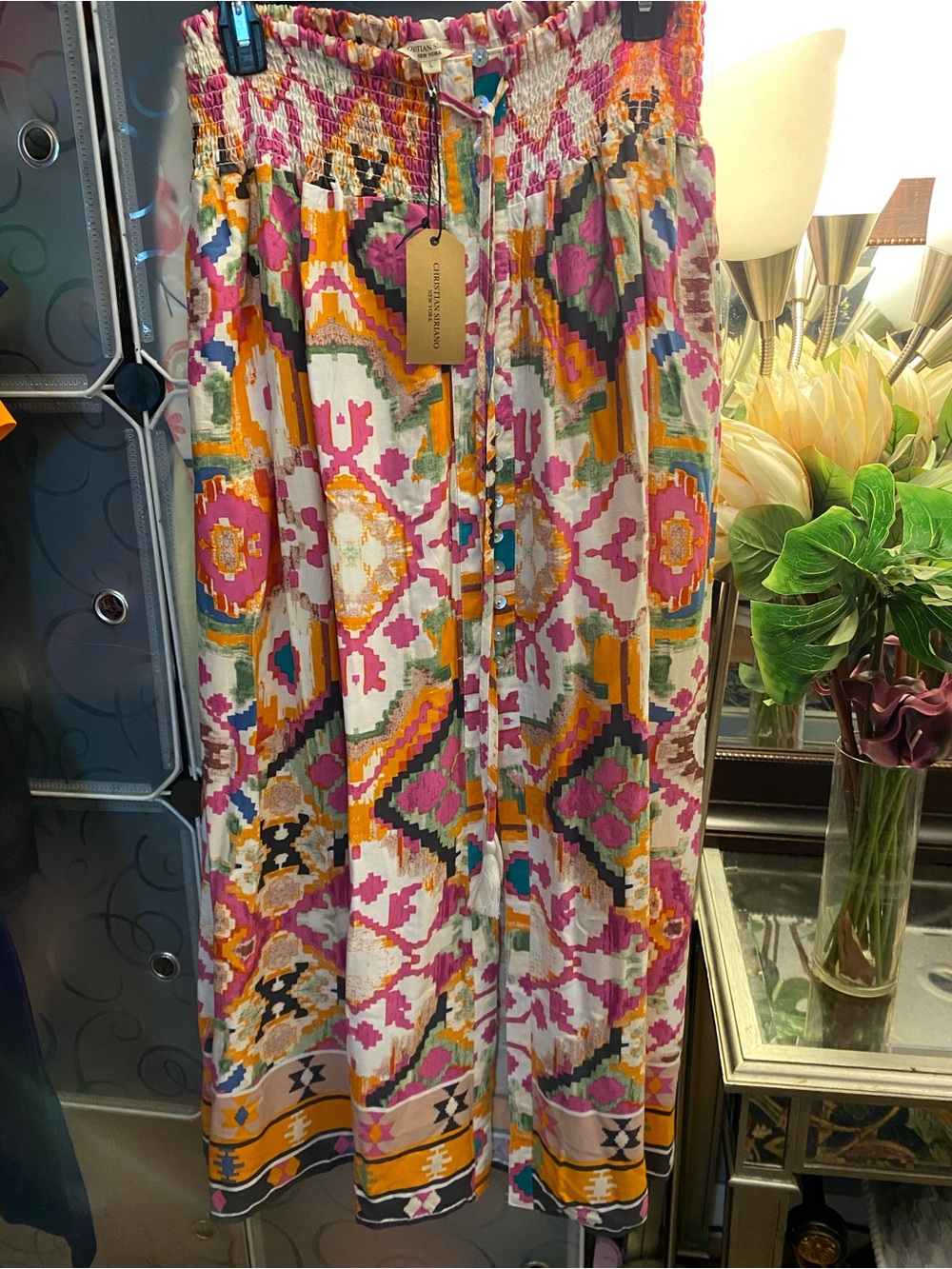 NWT, Christian Siriano Pink, Gold & Teal Boho Ikat Maxi Skirt